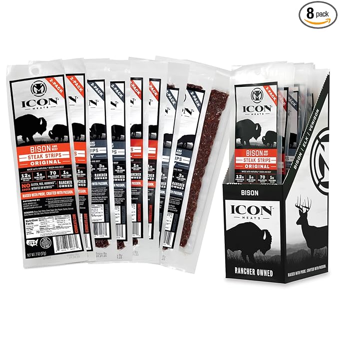 ICON Meats Steak Strips Sampler Gift Box 8 High Protein Snacks Assorted Bison Elk Venison Beef Jerky Strips 2 Sticks per Pack Natural Gluten Free Low Sugar Gifts for Him