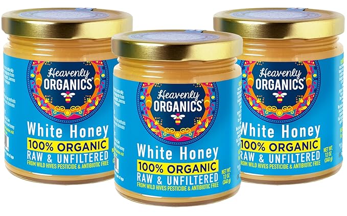 Heavenly Organics 100% Organic Raw White Honey 3 Pack - Size 12 OZ/Jar Lightly Filtered to Preserve Vitamins Minerals and Enzymes Made from Wild Beehives &amp Free Range Bees Dairy Nut Gluten Fr