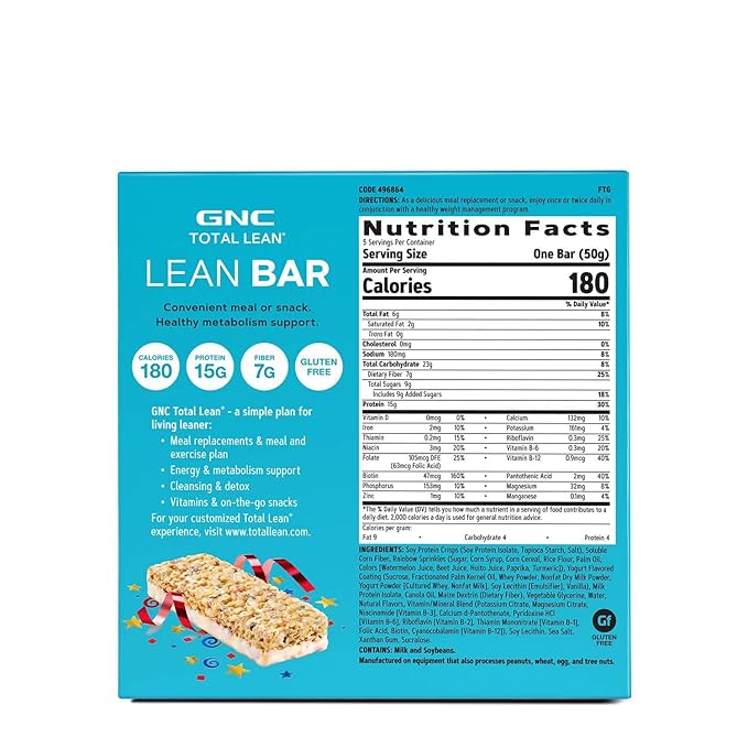 GNC Total Lean Bar |Hunger-Satisfying High-Protein Meal Bar | Vanilla Birthday Cake | 5 Bars