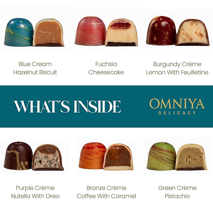 Omniya Delicacy Chocolate Galaxy Bonbon Box – 20 Artisan Bonbons with Gourmet Fillings – Pistachio Hazelnut Coffee Cheesecake Nutella &amp Lemon Feuilletine – Luxury Gift Box 11 oz