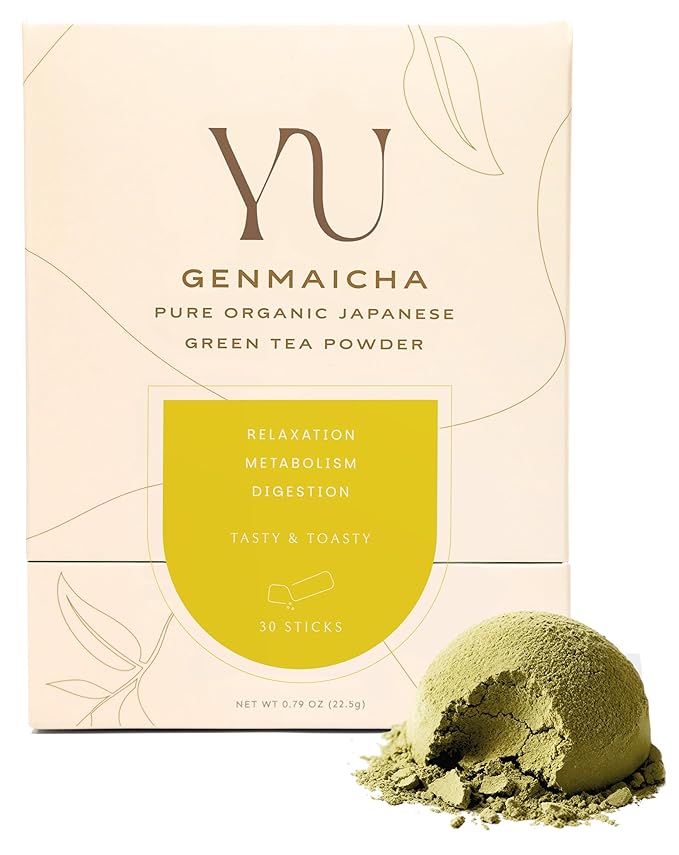 Yu Tea Organic Genmaicha Green Tea Powder 30 Instant Packets | Japanese Green Tea &amp Roasted Brown Rice | Low Caffeine &amp Unsweetened | Relaxation Antioxidants &amp Digestion | Single Serve S