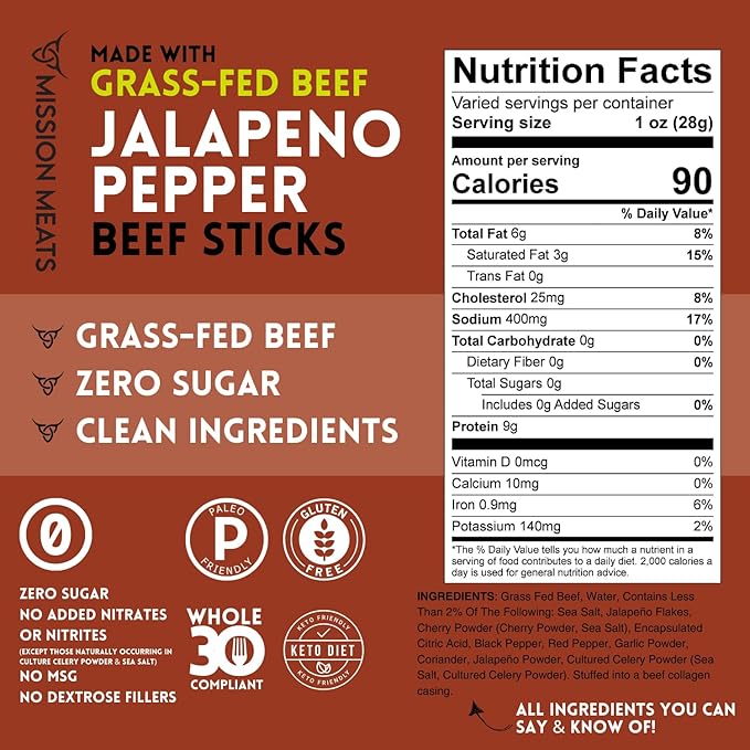 Mission Meats Beef Sticks – 100% Grass Fed &amp Pasture Raised Sugar Free Individually Wrapped Healthy Snacks Whole 30 &amp Paleo Friendly Jalapeno 1oz (24ct)
