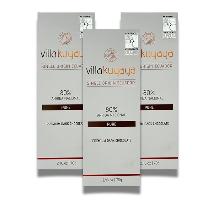 Villakuyaya Premium Dark Chocolate Single Origin 80% Pure (Silver Award Winner at the 2020 Academy of Chocolate Awards London) – Gourmet Ecuadorian Cacao Vegan &amp Gluten-Free (Pack of 3)