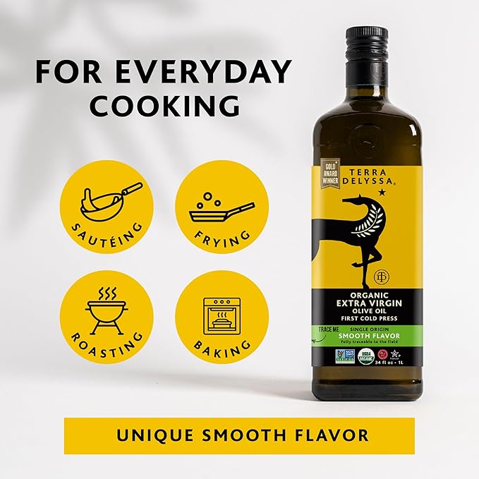 Terra Delyssa First Cold Pressed Organic Extra Virgin Olive Oil Single Sourced 1 L (34 fl. oz) Dark Glass Bottle - 1 Pack Non-GMO Naturally Rich in Antioxidants and Polyphenols