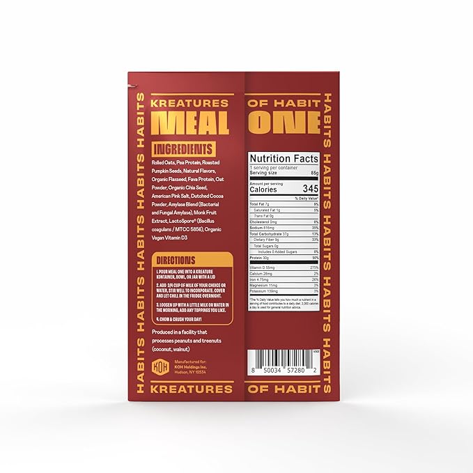 Kreatures of Habit MEAL ONE | Overnight &amp Instant Superfood Protein Meal Replacement | Gluten Free Dairy Free 30g of Plant Based Protein With No Added Sugar | Maple Caramel | Pack of 7