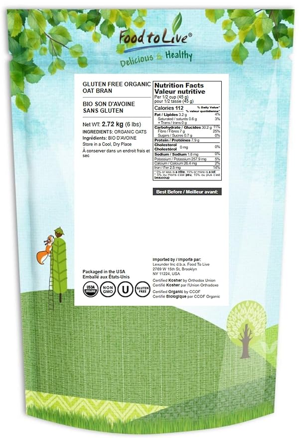 Food to Live Gluten Free Organic Oat Bran 6 Pounds – A Nutritional Powerhouse High Fiber Hot Cereal Milled from High Protein Oats. Non-GMO Kosher.