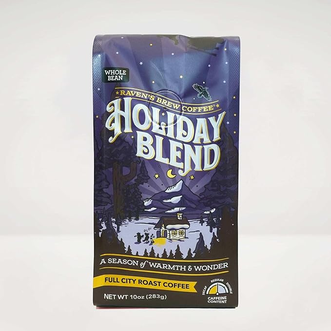 Raven's Brew Coffee Holiday Blend Whole Bean Coffee - Premium 10oz Full City Roast with Molasses Spices &amp Baker's Chocolate Notes | Seasonal Celebration Medium Roast for Christmas &amp Fall