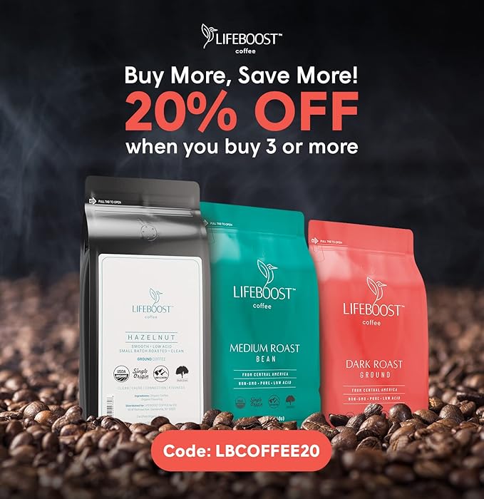 Lifeboost Coffee Half Caff Ground Coffee - Low Acid Single Origin USDA Organic Coffee - Non-GMO Ground Coffee Third Party Tested For Mycotoxins &amp Pesticides - 12 Ounces