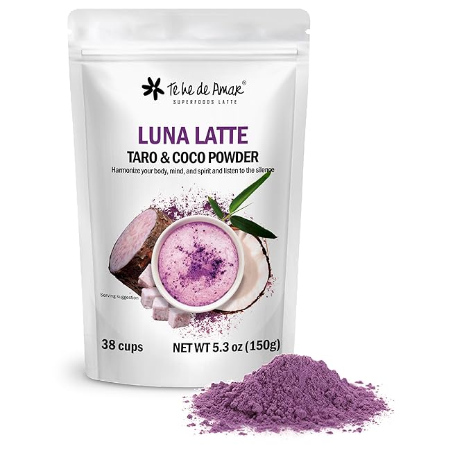 LUNA LATTE TEA TARO &amp COCO / TE HE DE AMAR. NET WT 5.3 oz (150g) 38 cups. Taro Coconut Purple Sweet Potato Cinnamon Vanilla. 100% natural pure powdered does not contain dairy bases does no