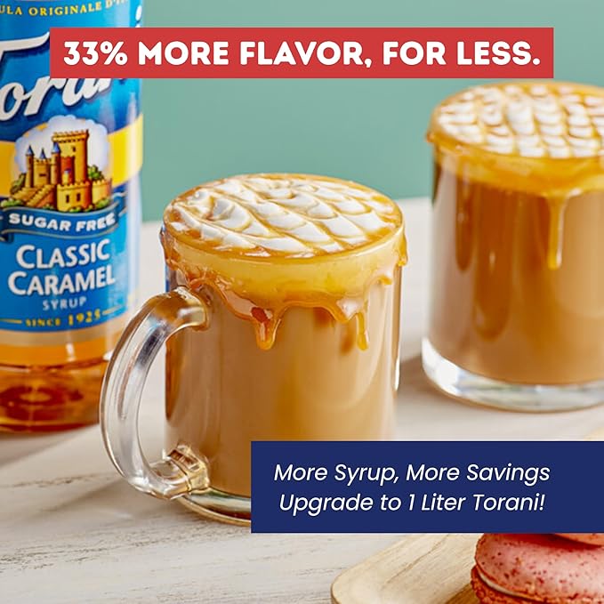 Torani Sugar-Free Classic Caramel Syrup 1 Liter Bottle with Pump Dispenser – Zero Calorie Coffee Flavoring with Rich Caramelized Brown Sugar Taste – Keto &amp Diabetic Friendly Sweetener for Lattes a