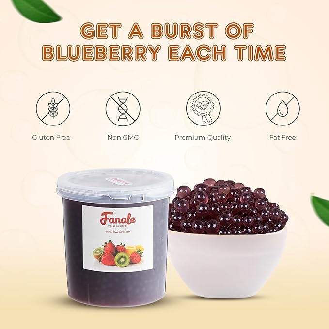 Fanale Blueberry Popping Boba Pearls Vegan Non GMO Gluten Free Fat Free Perfect for Bubble Tea Smoothies Ice Cream Desserts and Beverages.