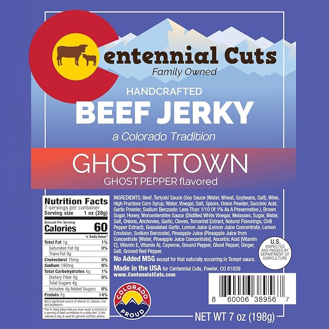 Centennial Cuts Beef Jerky – Ghost Town Ghost Pepper – High Protein Bold Ghost Pepper Heat – 7 oz Snack