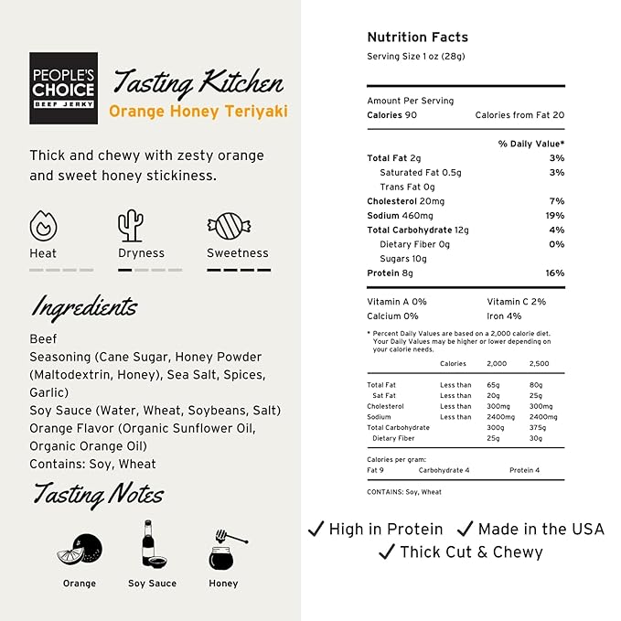 People’s Choice Beef Jerky – Tasting Kitchen – Orange Honey Teriyaki – Sweet &amp Savory – 8g Protein – Made in USA – 1 Pound (16 oz) Bag