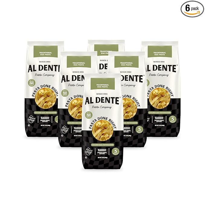 Al Dente Golden Egg Fettuccine – All-Natural Hand-Crafted Egg Pasta. Traditional Pasta Noodles Made with Cage-Free Eggs and Semolina. Great for Pastas Soups Stews. 12oz Bags (Pack of 6)