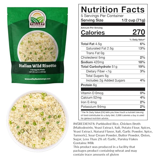Valley Food Storage Italian Wild Risotto | 10-Bag Bucket 50 Servings | Premium Emergency Food Supply 25 Year Shelf Life | Survival Meal Kits Prepper Food Camping &amp Off-Grid Living | Packaged i
