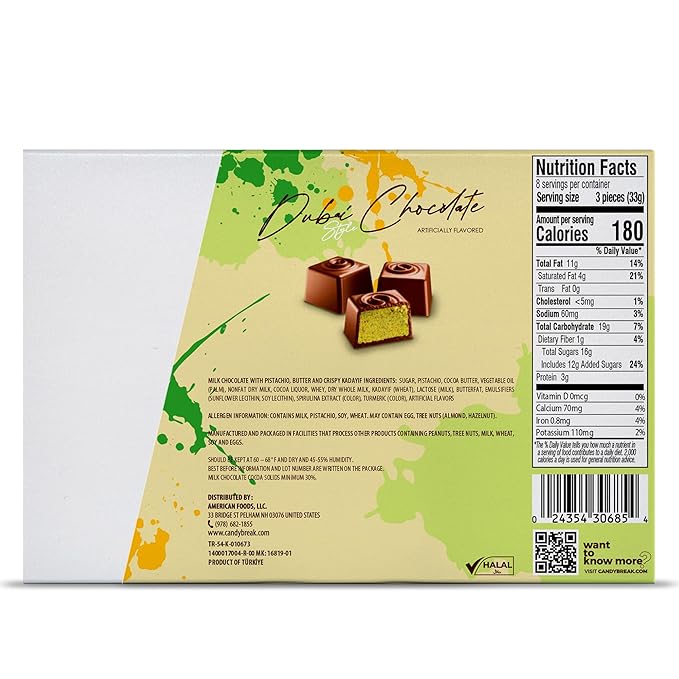 Fiorella Dubai Style Milk Chocolate Pistachio Squares Filled Chocolate With Pistachio Butter &amp Crispy Kadayif Individually Wrapped Chocolate Pieces 24 Count Box