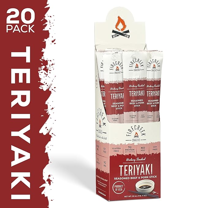 FireCreek Snacks Beef Sticks (Jerky Sticks) Hickory Smoked Beef &amp Pork Meat Sticks 20 Pack (1 oz) 7g Protein Gluten Free Soy Free No MSG Teriyaki