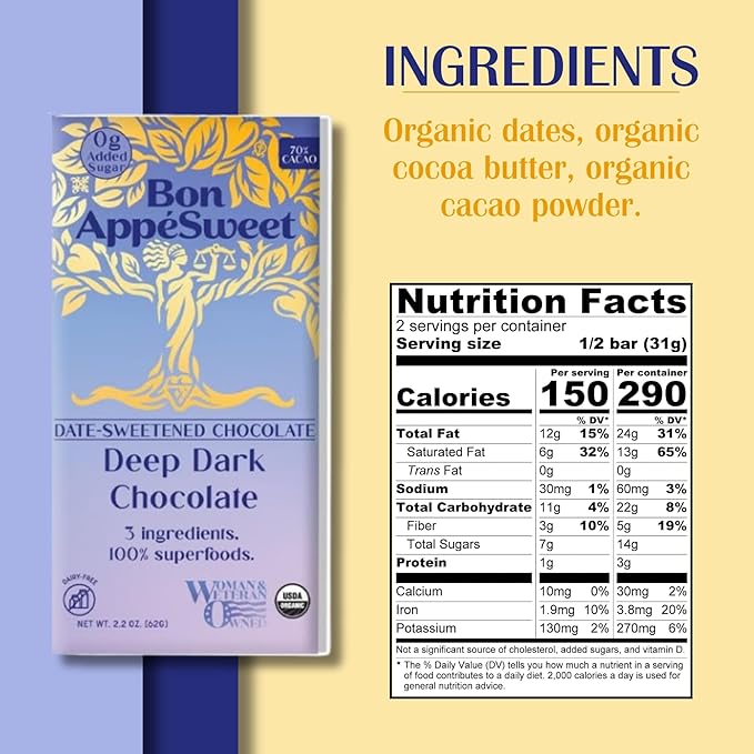 Bon Appesweet Date Sweetened Chocolate Bar - Darker Variety Pack | 2.2 Ounce (Pack of 3) | Organic Zero Added Sugar 70-85% Cacao Plant Based Dairy Free and Guilt Free!