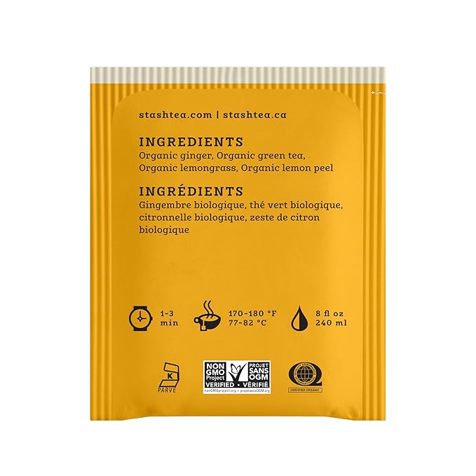 Stash Tea Organic Lemon Ginger Green Tea Caffeinated Non-GMO Project Verified Serve Hot or Iced 96 Tea Bags 16 count (6 pack)