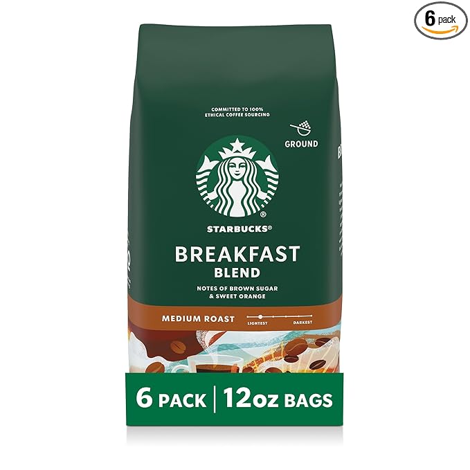 Starbucks Ground Coffee Medium Roast Hot or Iced Coffee Breakfast Blend Six 12 oz Bags