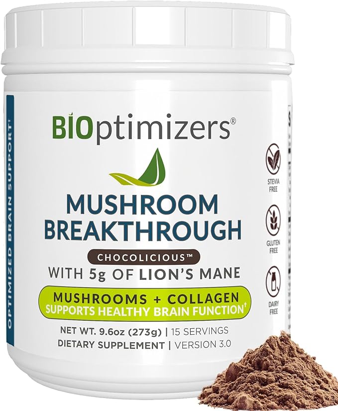 BIOptimizers Mushroom Coffee Alternative – Chocolate Drink – Lion’s Mane Chaga Reishi + Collagen Peptides for Focus Energy &amp Gut Health – Adaptogenic Mushrooms &amp MCT Powder – 15 Servings