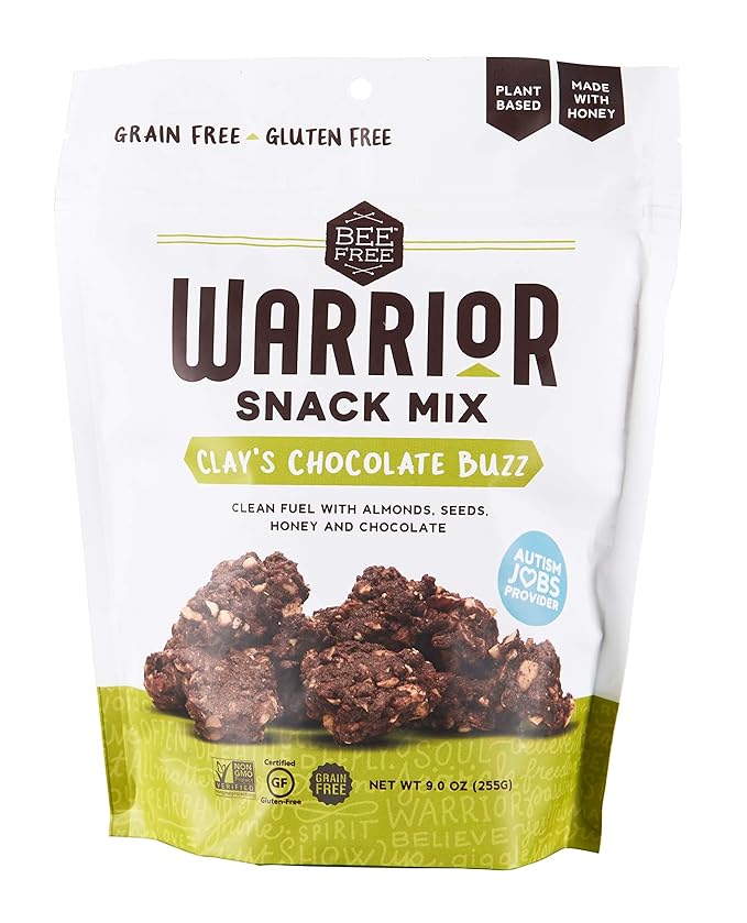 BeeFree Warrior Mix Gluten Free Granola - Chunky Granola Bites | Paleo Granola Low Carb Grain Free Preservative Free Oat Free | Granola for Yogurt Low Calorie Snacks | Clay’s Chocolate Buzz 9 Ou