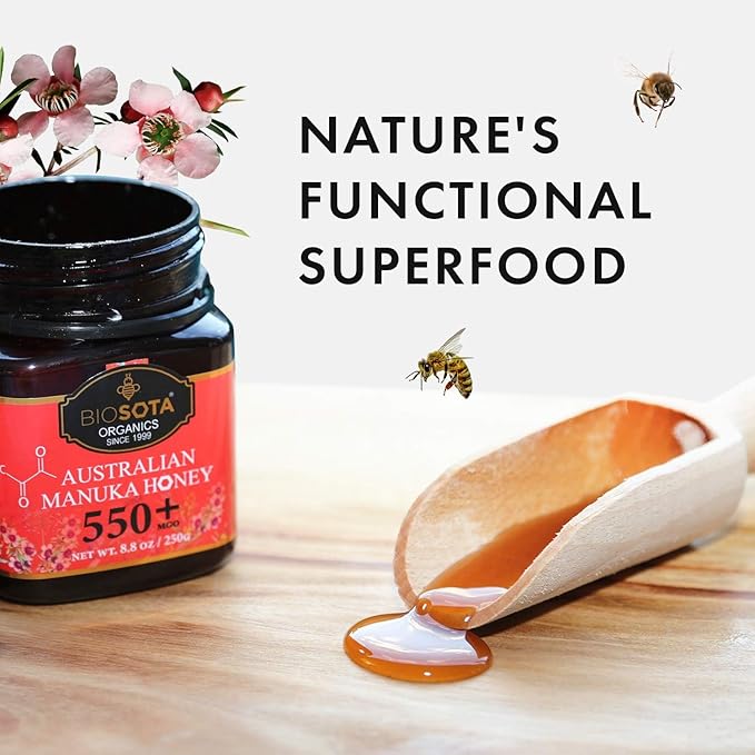 BIOSOTA Organic Manuka Honey MGO 550+ - Medical Grade Manuka Honey from Australia NPA/ULF 15+ 100% Raw Unheated Pure Honey 8.8oz (550+) (MGO 550+)