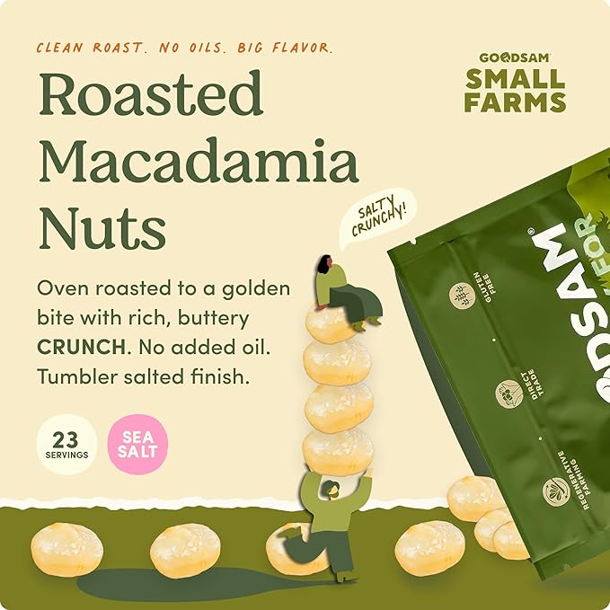 GoodSAM Small Farms Organic Roasted &amp Salted Macadamia Nuts 24oz (1.5lb) | Toasty &amp Buttery | Just Nuts &amp Sea Salt | 23g Healthy Fats 1g Net Carb | Regenerative Family Farms | Non-GMO Ke