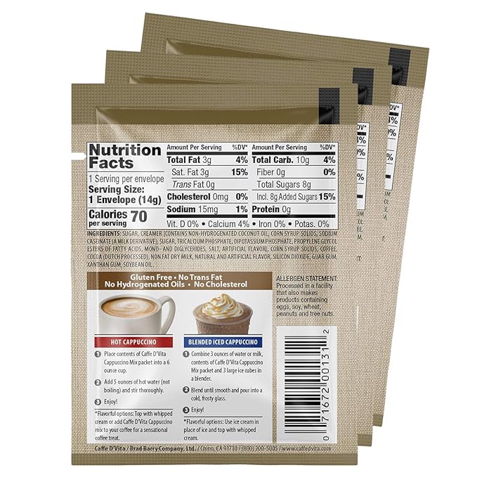 Caffe D'Vita French Vanilla Cappuccino Mix - Instant Cappuccino Mix French Vanilla Instant Coffee Gluten Free No Cholesterol &amp Hydrogenated Oils 99% Caffeine Free - Envelopes 0.5 Oz (Pack of