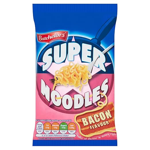 Batchelors Super Noodles Bacon Flavour Instant Snack Ready in 4 Minutes 90 g Packet (Pack Of 8)