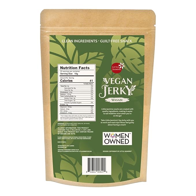 (2 PACK) NON-GMO Little Jasmine Vegan Jerky Wasabi Flavor Plant Based Protein Clean Ingredients Made in Taiwan 7.5 oz
