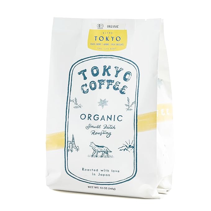 TOKYO COFFEE Organic Blend Medium Dark Roast Whole Bean Coffee from Japan - 12oz Bag - Sweet and Smooth Signature Blend made with 100% Arabica Beans