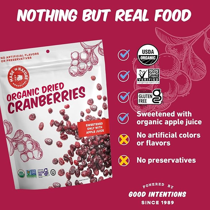 Made In Nature Organic Dried Cranberries 12 Ounce (Pack of 2) – Sweetened with Apple Juice Non-GMO Unsulfured Gluten Free