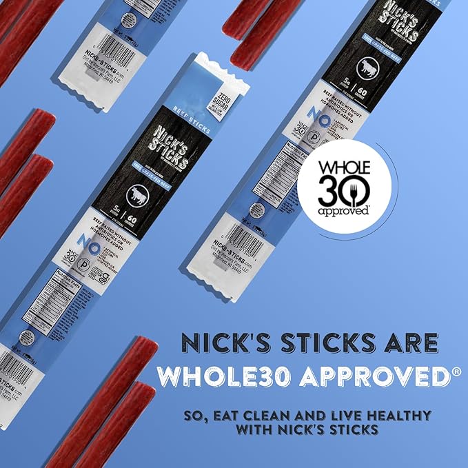 Nick's Sticks Clean &amp Balanced 100% Grass-Fed Beef Snack Sticks | Made in the USA | Gluten Free | Paleo Keto Whole30 Approved | No Soy Antibiotics or Hormones (12 – 1.7oz. Packages of 2 Sticks)