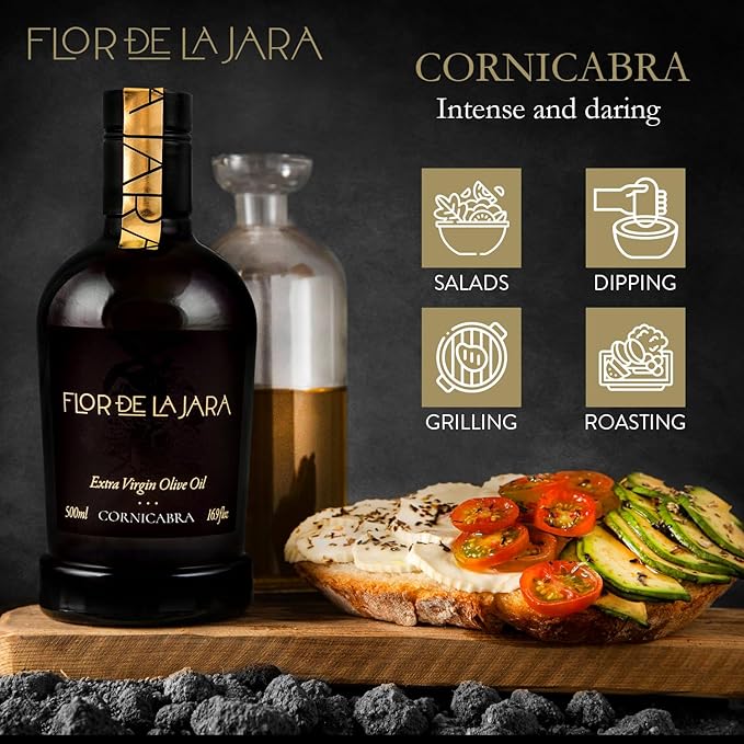 FLOR DE LA JARA Premium Extra Virgin Olive Oil from Spain First Cold Pressed Polyphenol-Rich Monovarietal Cornicabra Hand-Harvested Olives Family-Owned Grove Low Acidity (0.27%) 16.9 fl oz (500