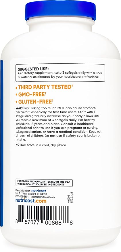 Nutricost MCT Oil Softgels 1000mg 300 SFG (3000mg Serv) - Great for Keto Ketosis and Ketogenic Diets
