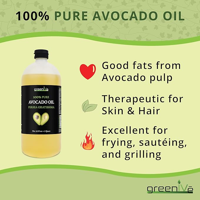 GreenIVe Avocado Oil Naturally Grown 100% Pure Natural without Additives Clean Cold Pressed Non-GMO Vegan: For Cooking Frying Baking and for Sauces Dressings Marinades Salads (32 Ounce)