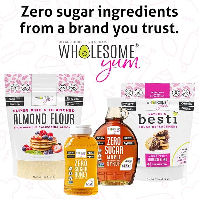 Wholesome Yum Zero Sugar Honey Substitute (2 Pack) - Natural Sugar Free Honey Alternative With Monk Fruit &amp Allulose - Zero Net Carbs Non GMO Gluten Free Keto No Aftertaste (11 oz)