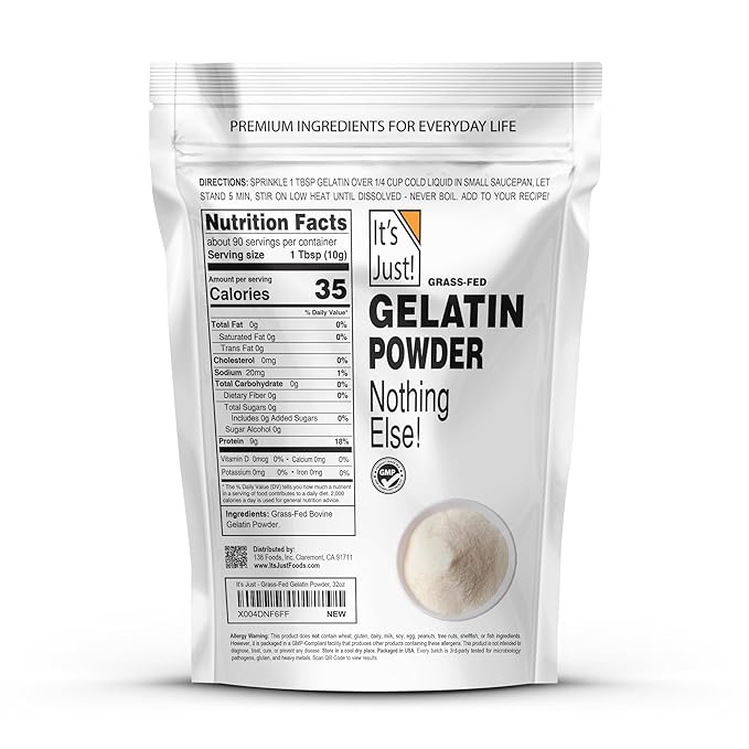 It's Just - 100% Gelatin Powder (2lb) Unflavored Heavy Metal Tested Grass-Fed Bovine (Beef) Source Non-GMO Keto Friendy Perfect for Marshmallows Gummies Desserts 32oz