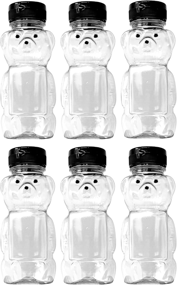 12 Ounce Clear Plastic Squeezable Honey Bears with Sealable Flip Top Lids - BPA Free Hand Wash Only (Black 6 Pack)