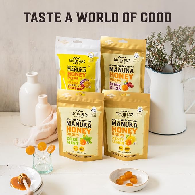Taylor Pass Mānuka Honey Drops Bundle UMF™ 10+ Cool Mint &amp Berry Bliss Lozenges | Natural Soothing On-The-Go | 2 Packs 22 Drops Each | Made in New Zealand