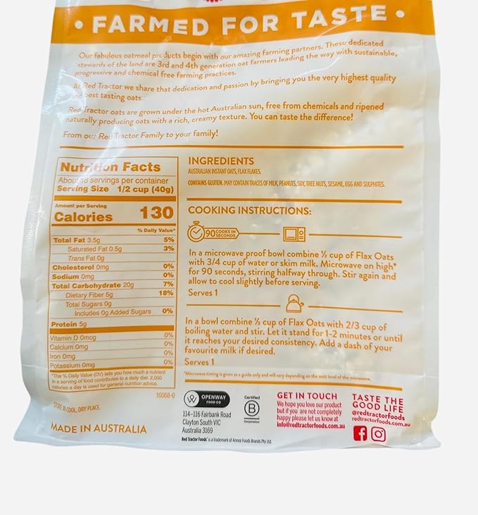 Red Tractor Australian Creamy Style Instant Oats with Flax Flakes Wholegrain Non-GMO 26 oz