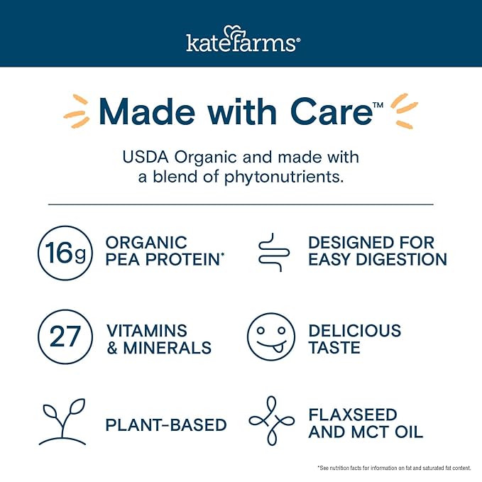 KATE FARMS Organic Nutrition Shake Vanilla 16g Protein 27 Vitamins and Minerals Protein Meal Replacement Drink &amp Shake 11 oz (12 Pack)
