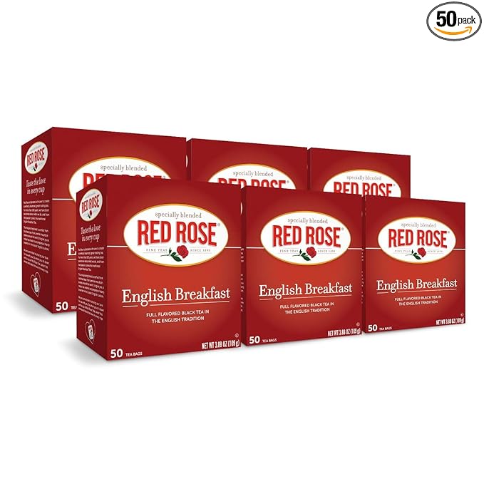 Red Rose English Breakfast Tea Specially Blended Strong Robust Black Tea with 50 Individually Wrapped Tea Bags Per Box (Pack of 6) Contains Caffeine Brew Hot Full Flavored Black Tea in the English Tra