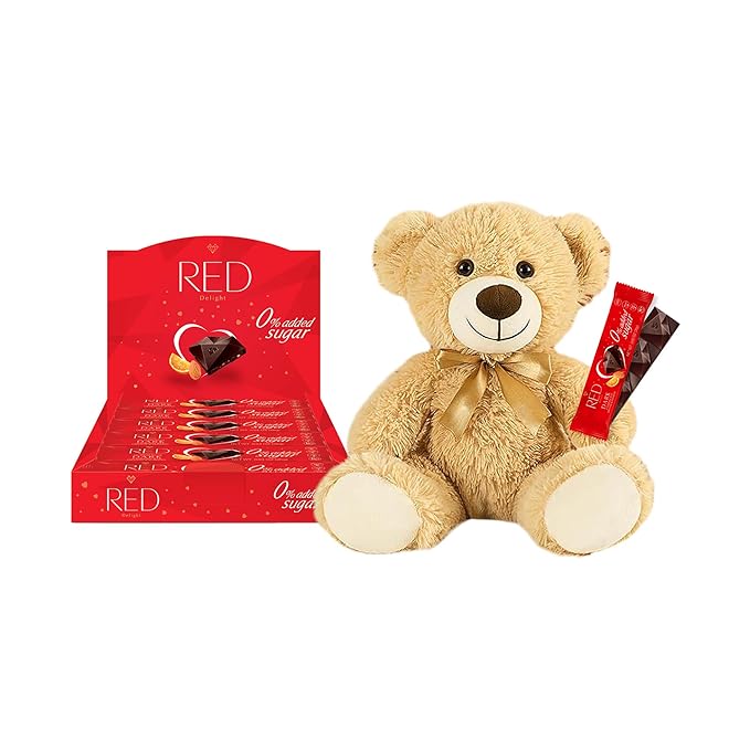 RED Delight®™ Orange and Almond Dark Chocolate 12 Count Box of Grab N Go Travel Size Bars (0.92 Ounces Each) (1 Box - Total of 12 Bars + 14 Plush Teddy Bear)