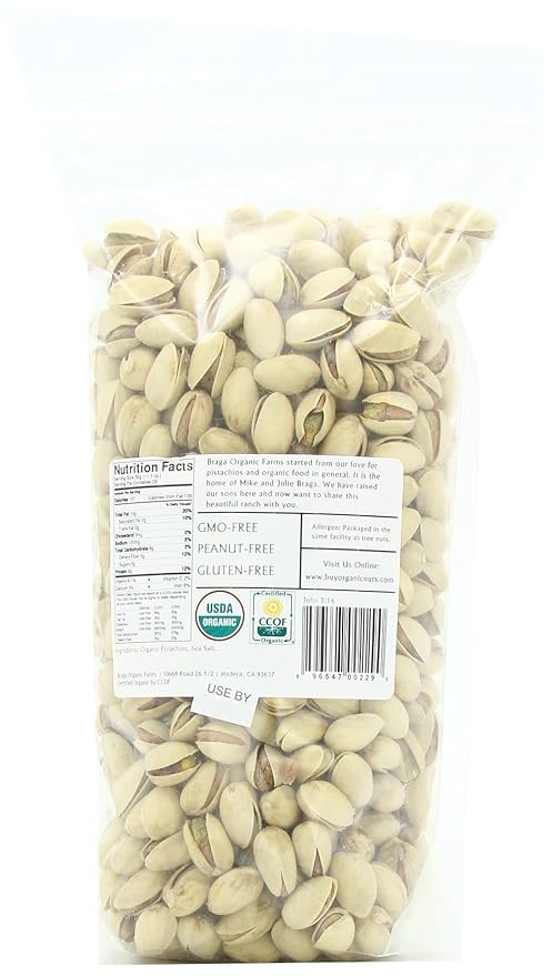 Braga Organic Farms 2 Pound Bag of Roasted/Salted Pistachios Inshell