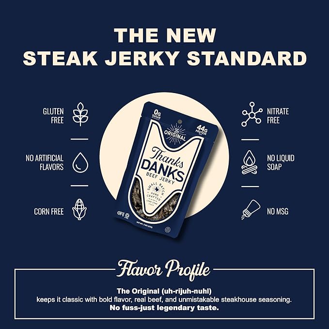 Thanks Danks - The Original - Small Batch Grass-Fed Steak Jerky - Sugar Free Gluten Free Nitrate Free - Guilt-Free Protein Snack - 57g (3 Pack)