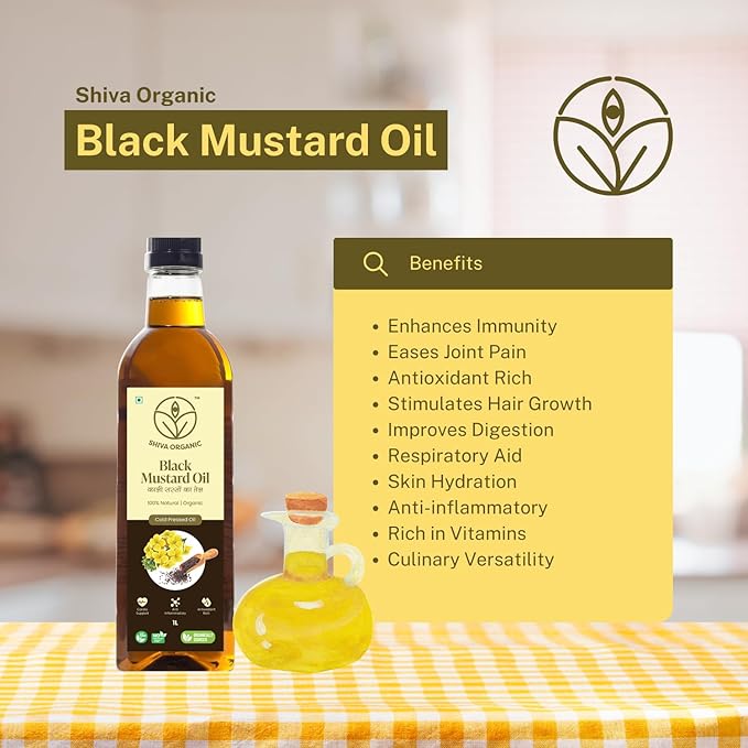 Shiva Organic Pure Black Mustard Oil - Cold Pressed 100% Natural Certified Organic - 1L (33.8 fl oz) for Cooking Massage and Hair Care