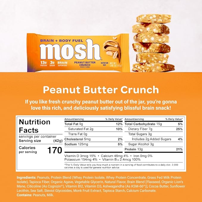 MOSH Peanut Butter Crunch Keto Protein Bars High Fiber Low Carb Gluten Free High Protein Brain Healthy Snack 12 Count