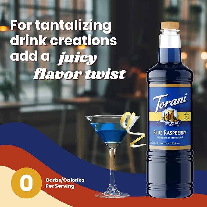Torani Sugar Free Blue Raspberry Syrup 1 Liter Bottle with Pump Keto Friendly Zero Calorie Low Carb Diabetic Safe Flavoring for Coffee Shakes Snow Cones and Cocktails
